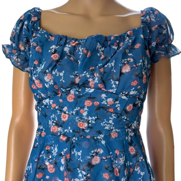 Women Boho Playsuit Romper Medium Blue Orange Floral Off The Shoulder Lined - Picture 4 of 16